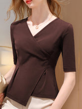 Halbarm Asymmetrische Skinny Einfarbige T-Shirts Tops mit V-Ausschnitt